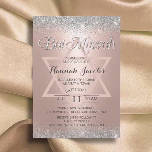 Bat Mitzvah Moderne Rose Gold & Silver Glitzer Einladung (Von Creator hochgeladen)