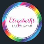 BAT MITZVAH Moderner, farbenfroher Regenbogenstrei Runder Aufkleber<br><div class="desc">von kat massard >>> https://linktr.ee/simplysweetpaperie <<< Liebe das Design,  aber möchte einige Änderungen sehen - ein anderes Farbschema,  Produkt,  ein Foto hinzufügen oder angepasst für einen anderen Anlass - keine Sorgen einfach kontaktieren Sie mich,  kat@simplysweetPAPERIE.com - ich bin gerne behilflich!</div>