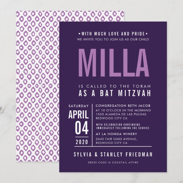 BAT MITZVAH moderner, fettartiger lila Lavendel Einladung (Vorne/Hinten)