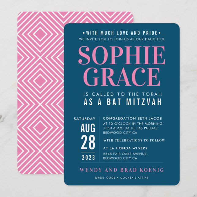 BAT MITZVAH Moderner geometrischer Stack Rosa dunk Einladung (Vorne/Hinten)