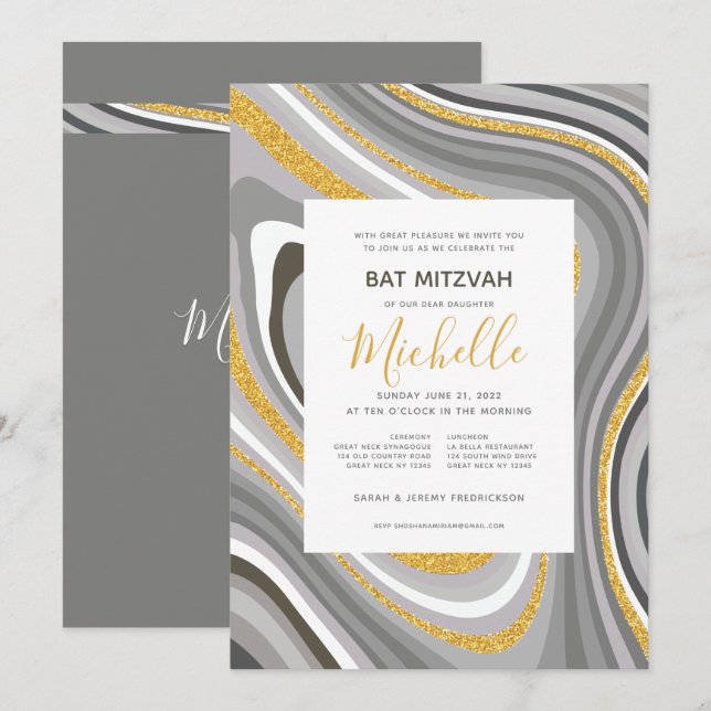 Bat Mitzvah Moderner Glitzer Einladung (Vorne/Hinten)