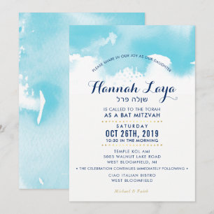 BAT MITZVAH Modernes Aqua-Blau-Aquarellfarbe HANNA Einladung