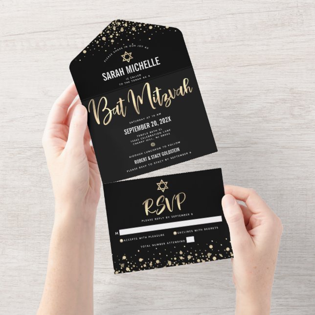 Bat Mitzvah Modernes Black Gold Glitzer Script küh All In One Einladung (Abreißen)