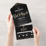 Bat Mitzvah Modernes Black Gold Glitzer Script Par All In One Einladung<br><div class="desc">Seien Sie stolz, freuen Sie sich und präsentieren Sie diesen Meilenstein Ihres Lieblings-Bat Mitzvah! Versenden Sie diese atemberaubende, moderne, maßgeschneiderte All-in-One-Einladung für eine Veranstaltung, an die Sie sich erinnern können. Funkelnd Goldfolie, Glitzer-Punkte und Typografie-Schrift überlagern einen reichen, dramatischen, schwarzen Hintergrund. Dieses All-in-One-Produkt verbindet eine individuelle Einladung mit einem Abend-Veranstaltungsort mit...</div>