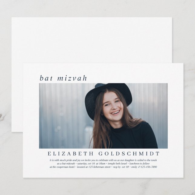 Bat Mitzvah| Modernes, einfaches, elegantes Foto Einladung (Vorne/Hinten)