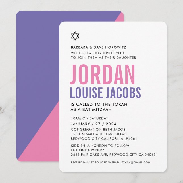 BAT MITZVAH Modernes, einfaches, farbenfroh rosa l Einladung (Vorne/Hinten)