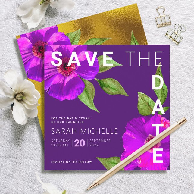 Bat Mitzvah Modernes Lila rosa Blumenwasser Save The Date (Von Creator hochgeladen)
