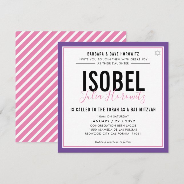 BAT MITZVAH Modernes, minimalistisches Farbrosa li Einladung (Vorne/Hinten)