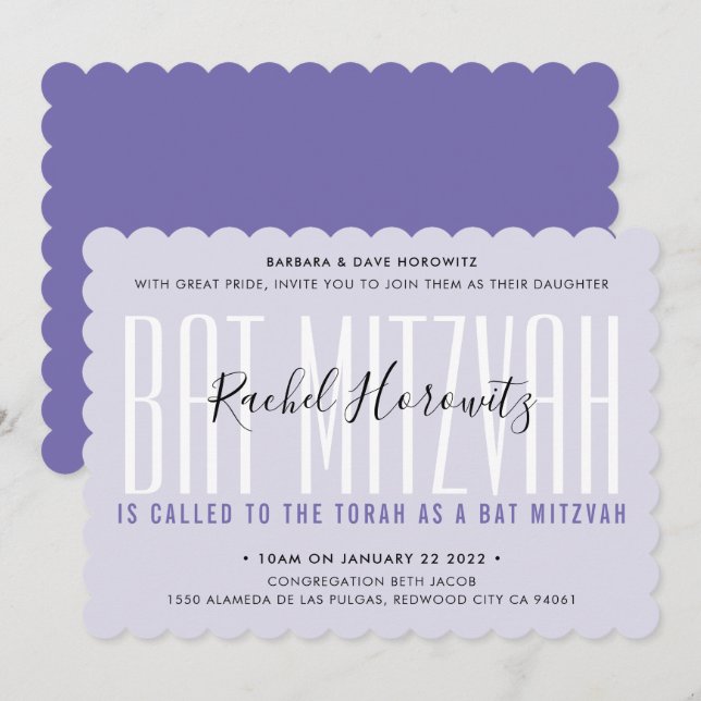 BAT MITZVAH Modernes Overlay-Typografie-Mädchen li Einladung (Vorne/Hinten)