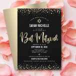 Bat Mitzvah Modernes Schwarzes Gold Glitzer Foulsk Einladung<br><div class="desc">Seien Sie stolz, freuen Sie sich und präsentieren Sie diesen Meilenstein Ihres Lieblings-Bat Mitzvah! Versenden Sie diese atemberaubende, moderne, raffinierte, personalisierte Einladung für eine Veranstaltung, an die Sie sich erinnern können. Graphische Imitate Goldfolie-Kalligraphie-Skript, Star of David, und Konfetti, überlagern einen reichen, dramatischen, schwarzen Hintergrund. Ein Imitat goldener Star von David...</div>