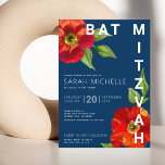 Bat Mitzvah Navy Blue Red Floral Watercolor Modern Einladung<br><div class="desc">Seien Sie stolz, freuen Sie sich und präsentieren Sie diesen Meilenstein Ihres Lieblings-Bat Mitzvah mit dieser raffinierten, personalisierten Einladung! Eine schicke, atemberaubende, rötlich-blumige Aquarellfarbe mit modernem san serif type überlagert einen marineblau hintergrund. Personalisieren Sie den benutzerdefinierten Text mit dem Namen, Datum und Veranstaltungsort Ihres Bat Mitzvah. Garantiert, um ihrem besondere...</div>