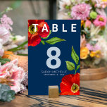 Bat Mitzvah Navy Blue Red Floral Watercolor Modern Tischnummer<br><div class="desc">Kein Bat Mitzvah Party ist komplett ohne personalisierte Tischnummer Karten. Lass deinem Lieblings-Bat Mitzvah Stolz, Freude und feiere ihren Meilenstein in ihrem perfekt koordinierten Party. Diese raffinierte, schicke, atemberaubende, rot-blumige Aquarellfarbe mit modernem san-Serif-Typ überlagert einen dunkelblauen Hintergrund. Personalisieren Sie den benutzerdefinierten Text mit der Tischnummer, ihrem Namen und dem Datum...</div>