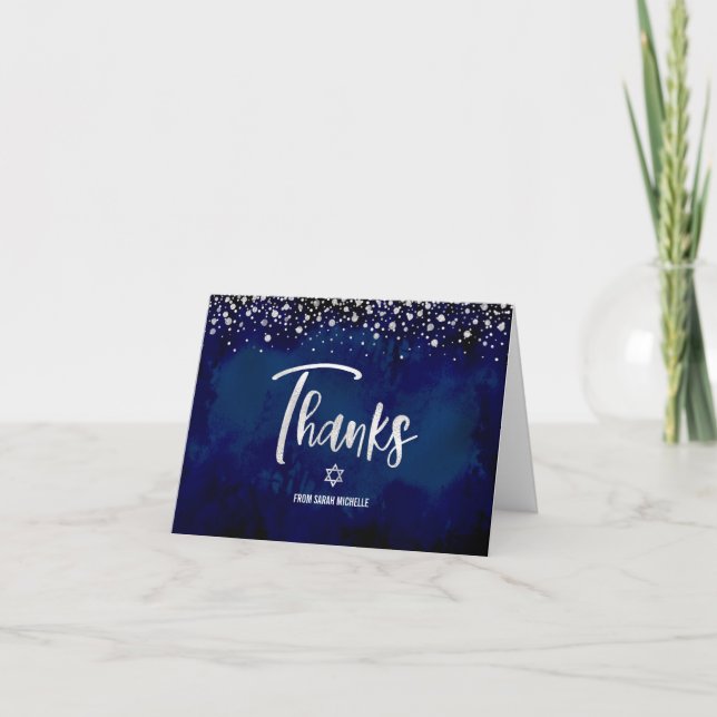 Bat Mitzvah Navy Silver Glitzer Foil Modernes Skri Dankeskarte (Vorderseite)