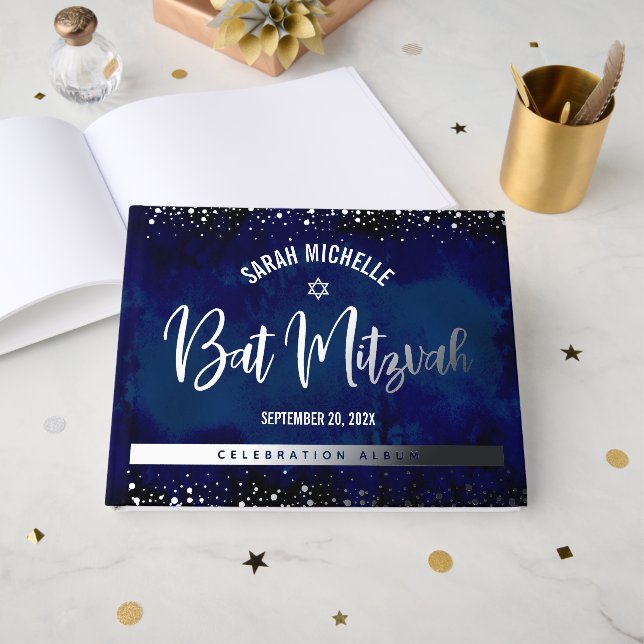 Bat Mitzvah Navy Watercolor Bold Real Silver Foil Gästebuch (Vorderseite offen)