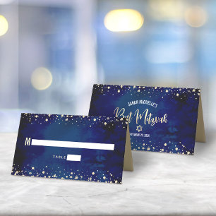 Bat Mitzvah Navy Watercolor Gold Glitzer Script Platzkarte