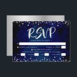 Bat Mitzvah Navy Watercolor Silver Script Entrée RSVP Karte<br><div class="desc">Seien Sie stolz, freuen Sie sich und präsentieren Sie diesen Meilenstein Ihres Lieblings-Bat Mitzvah! Inklusive dieser atemberaubenden, modernen, personalisierten UAWG Einsteckkarte für Ihre Veranstaltung. Graphische Imitate Silber-Folie Kalligraphie-Skript und Konfetti überlagern einen reichen, dramatischen, marineblauen Hintergrund. Personalisieren Sie den benutzerdefinierten Text mit dem Datum "Antwort nach" und geben Sie die Optionen...</div>