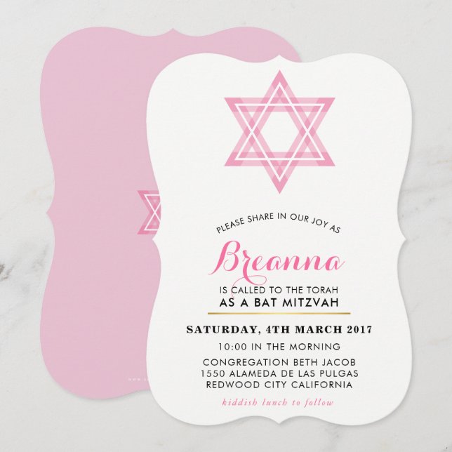 BAT MITZVAH niedlich modern zwischen dem Stern von Einladung (Vorne/Hinten)