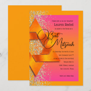 Bat Mitzvah Orange Pink Ombre Imitate Gold Glitzer Einladung