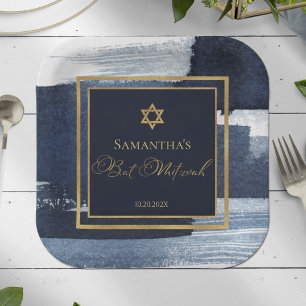 Bat Mitzvah Papierplatte   Abstraktes Blau Pappteller