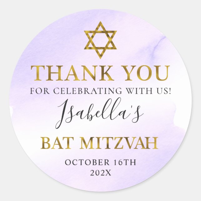 Bat Mitzvah Pastel Lila Gold Vielen Dank Runder Aufkleber (Vorderseite)
