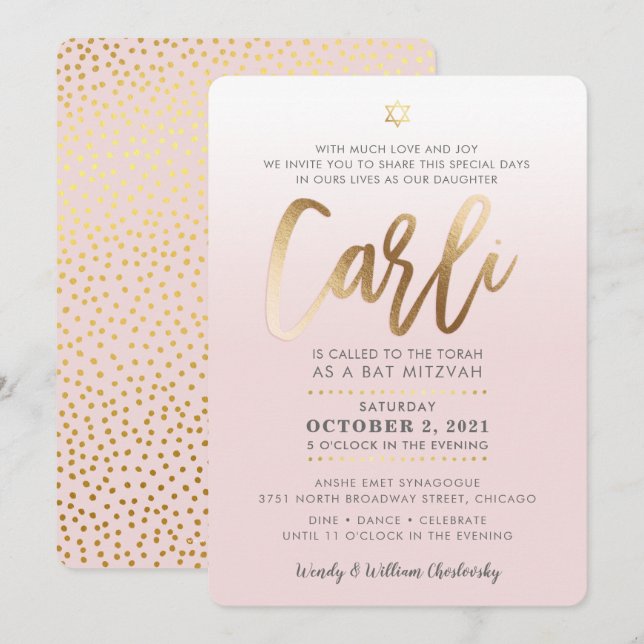 Bat mitzvah PERSONNALISÉ Invitation or rose pâle C (Devant / Derrière)