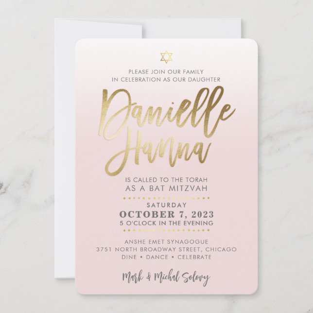 Bat mitzvah PERSONNALISÉ Invitation or rose pâle D (Devant)