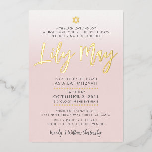 Bat mitzvah PERSONNALISÉ Invitation or rose pâle L