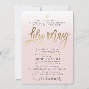 Bat mitzvah PERSONNALISÉ Invitation or rose pâle L