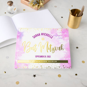 Bat Mitzvah Pink Aquarell Script Real Gold Fossil Gästebuch