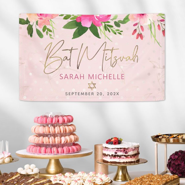 Bat Mitzvah Pink Floral Watercolor Gold Script Banner (Von Creator hochgeladen)