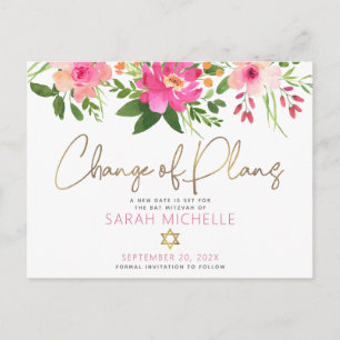 Bat Mitzvah Pink Floral Watercolor Gold Script Einladungspostkarte