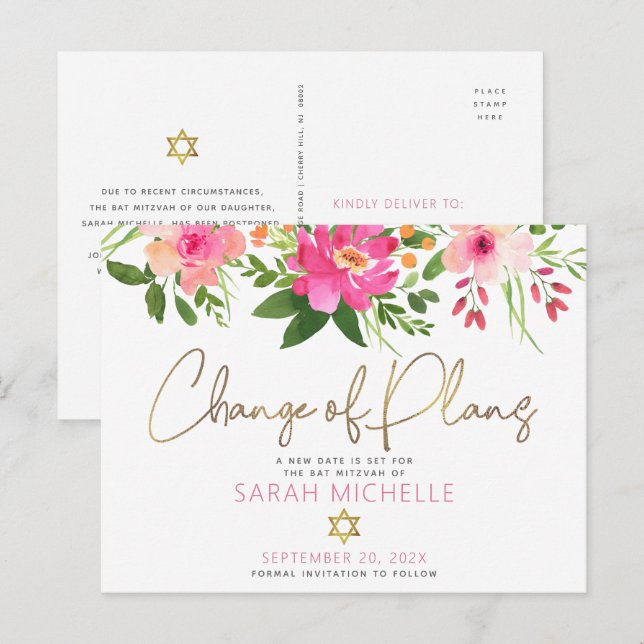 Bat Mitzvah Pink Floral Watercolor Gold Script Einladungspostkarte (Vorne/Hinten)