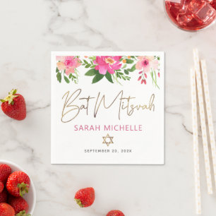 Bat Mitzvah Pink Floral Watercolor Gold Script Serviette