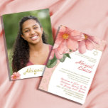 Bat Mitzvah Pink Gold Elegantes Foto Einladung<br><div class="desc">Ein Bat Mitzvah Floral Persönliche Einladung. Große rosa botanische Blumen. Die Informationen können leicht auf Ihre eigenen,  individuellen Informationen geändert werden,  wobei das Bild für Ihr eigenes Foto geändert werden kann.</div>