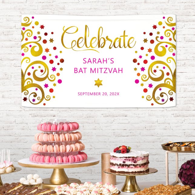 Bat Mitzvah Pink Gold Foil Script Tree of Life Banner (Von Creator hochgeladen)