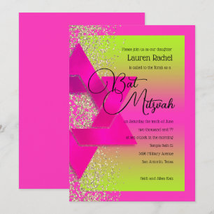 Bat Mitzvah Pink Green Ombre Gold Glitzer Einladung