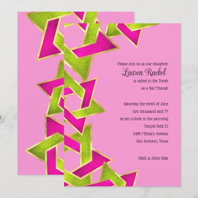 Bat Mitzvah Pink Green Star von David Invitat Einladung (Vorne/Hinten)