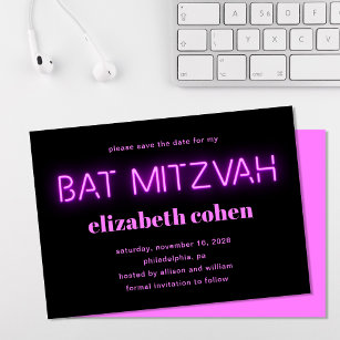 Bat Mitzvah Pink Neon Lights Save the Date Einladung