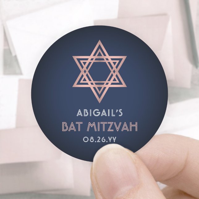 Bat Mitzvah Pink Rose Gold Navy Blue Star von Davi Runder Aufkleber (Von Creator hochgeladen)