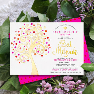 Bat Mitzvah Pink Tree of Life Script Real Gold Folieneinladung