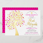 Bat Mitzvah Pink Tree of Life Script Real Gold Folieneinladung<br><div class="desc">Seien Sie stolz, freuen Sie sich und präsentieren Sie diesen Meilenstein Ihres Lieblings-Bat Mitzvah! Diese Grafik-reale Goldfolienbaum mit funkelnd rosa, orangefarbenen und roten David-Stern- und Dot-Blätter auf weißem Hintergrund ist die perfekte Einladung für diesen besondere Anlass. Ein winziger, dunkelroter Star-of-David-Muster, der über heiß rosa liegt, ist auf der Rückseite. Personalisieren...</div>