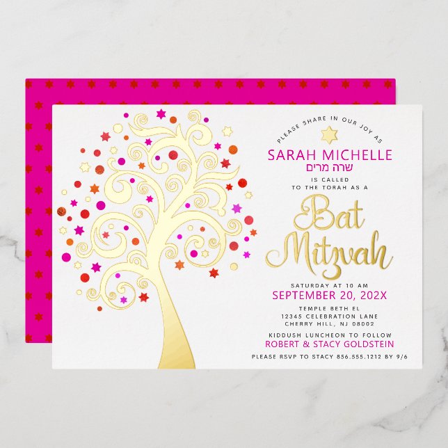 Bat Mitzvah Pink Tree of Life Script Real Gold Folieneinladung (Vorderseite/Rückseite)