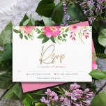 Bat Mitzvah Pink Watercolor Floral Gold Script RSVP Karte<br><div class="desc">Seien Sie stolz, freuen Sie sich und feiern Sie diesen Meilenstein Ihres Lieblings-Bat Mitzvah mit dieser raffinierten, personalisierten UAWG Insert-Karte für Ihre Veranstaltung! Eine schicke, atemberaubende, pinkfarbene und pfirsichfarbene Aquarellfarbe mit Imitaten, Goldfolienskripttypografie und moderner staubiger Rose und grauem Sans Serif überlagern einen weißen Hintergrund. Zusätzliche Aquarellfarben-Blume und ein cremefarbener David-Stern...</div>