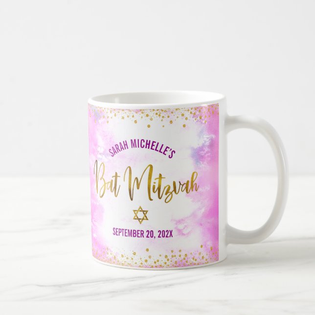 Bat Mitzvah Pink Watercolor Gold Script Confetti Kaffeetasse (Rechts)