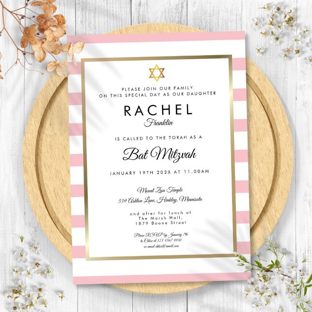 Bat Mitzvah Pink White Stripe Gold Star von David Einladung (Bat Mitzvah Pink White Stripe Gold Star of David Invitation)