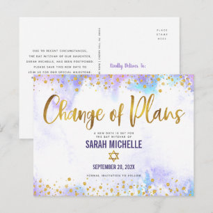 Bat Mitzvah Planänderung Gold Lila Aquarell Einladungspostkarte