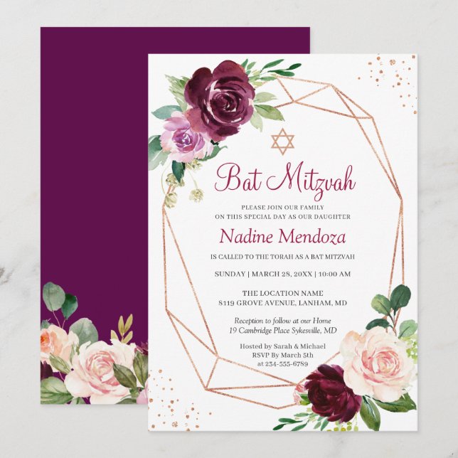 Bat Mitzvah | Pum Lila floral Rose Geometrisch Einladung (Vorne/Hinten)