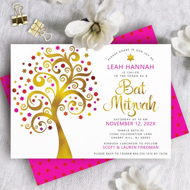 Bat Mitzvah Red Gold Foil Tree of Life Modern Bold Einladung (Von Creator hochgeladen)