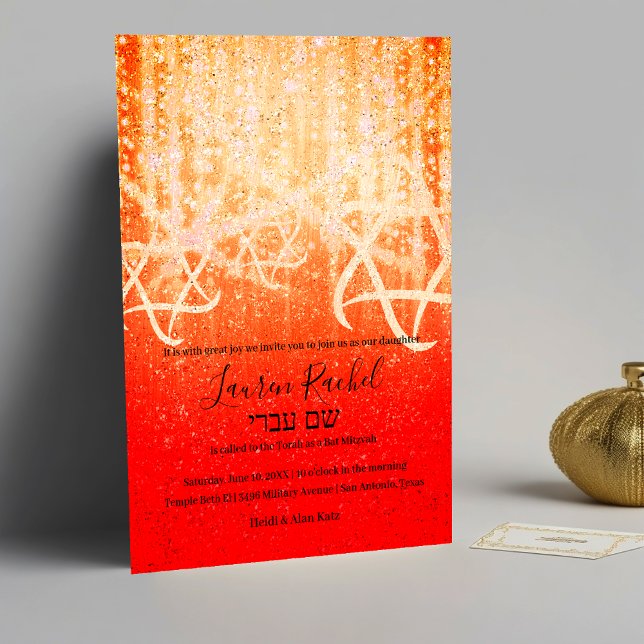 Bat Mitzvah Red Orange Gold Funkelnd Lights Einladung (Von Creator hochgeladen)