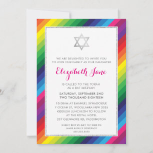 BAT MITZVAH Regenbogenstreifen silberner Glitzer Einladung